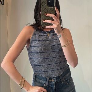 Chanel Navy and Silver Striped knit Top